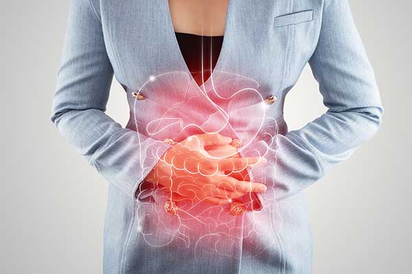 Business Woman touching stomach painful suffering from enteritis